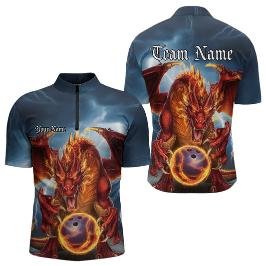 Custom Blue Thunder Lightning Flame Dragon Bowling Quarter-Zip Team Shirts For Men IPHW8306