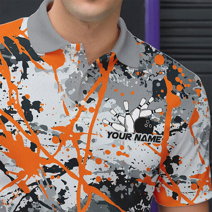 Custom Orange Splatter Bowling Team Polo Shirts For Men, Bowling Tournament Shirts IPHW8310
