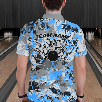 Custom Blue Splatter Bowling Team Polo Shirts For Men, Bowling Tournament Shirts IPHW8311