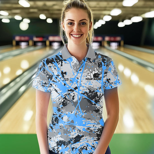 Custom Blue Splatter Bowling Team Polo Shirts For Women, Bowling Tournament Shirts IPHW8311