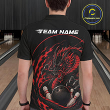 Load image into Gallery viewer, Back view of a male model in a bowling alley wearing a red custom bowling polo shirt featuring an aggressive dragon with flames in a dynamic and energetic design.