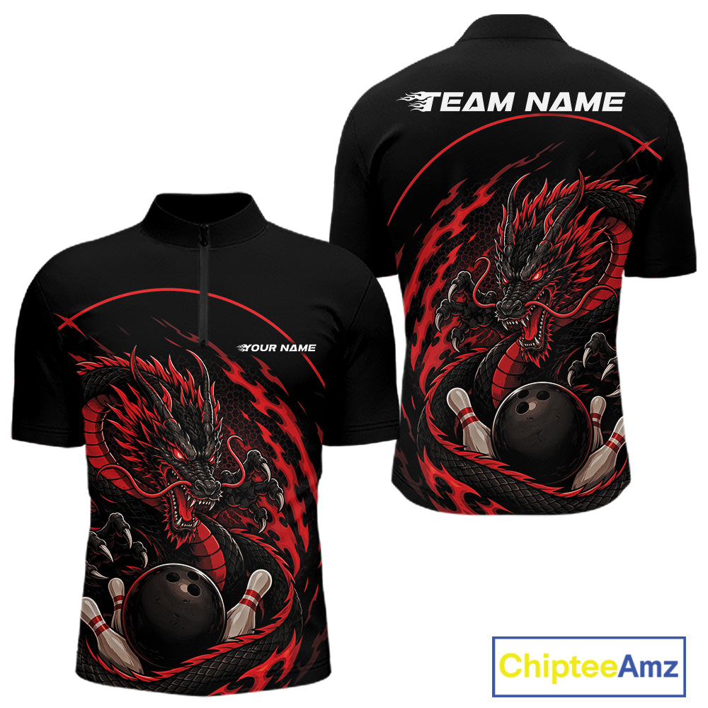 Front and back views of a red custom quarter-zip bowling shirt featuring an aggressive dragon with flames in a dynamic and energetic design.