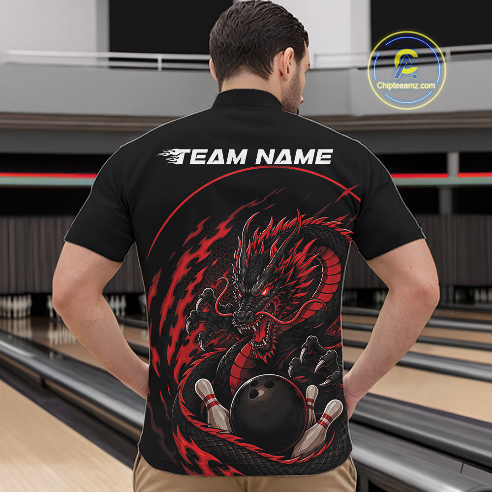 Back view of a male model in a bowling alley wearing a red custom quarter-zip bowling shirt featuring an aggressive dragon with flames in a dynamic and energetic design.