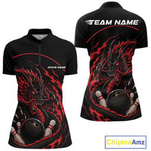 Load image into Gallery viewer, Front and back views of a red custom women's quarter-zip bowling shirt featuring an aggressive dragon with flames in a dynamic and energetic design.