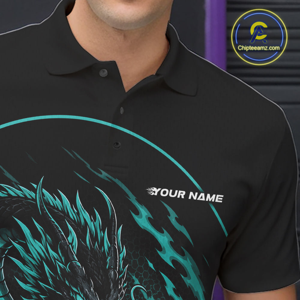 Close-up front view of the left chest area on a blue custom bowling polo shirt featuring an aggressive dragon with flames in a dynamic and energetic design.