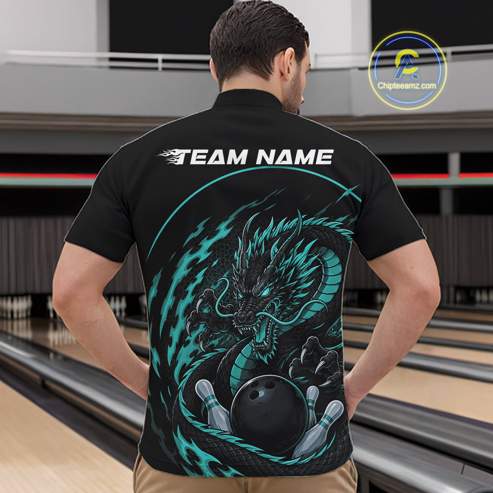 Back view of a male model in a bowling alley wearing a blue custom quarter-zip bowling shirt featuring an aggressive dragon with flames in a dynamic and energetic design.