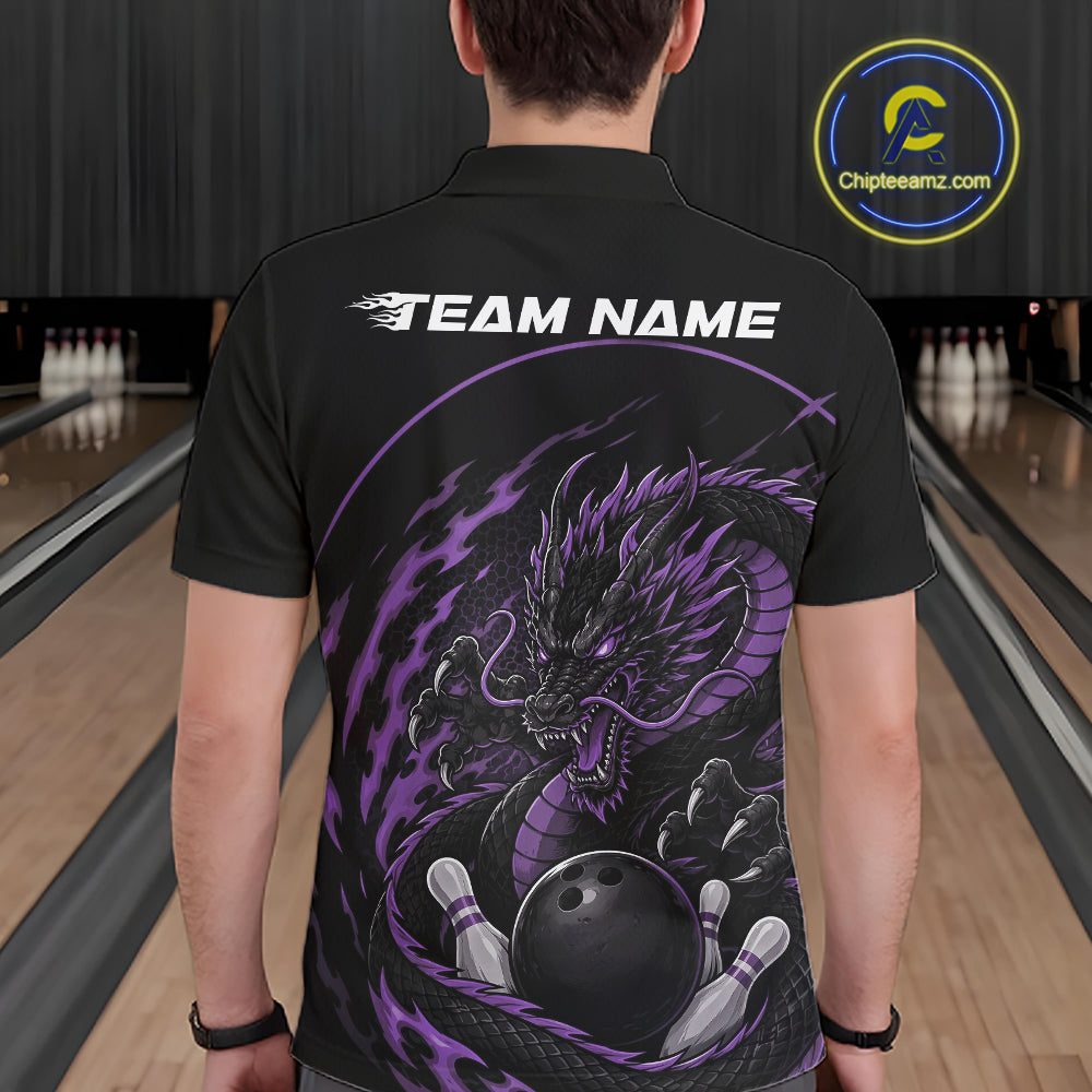 Back view of a male model in a bowling alley wearing a purple custom bowling polo shirt featuring an aggressive dragon with flames in a dynamic and energetic design.