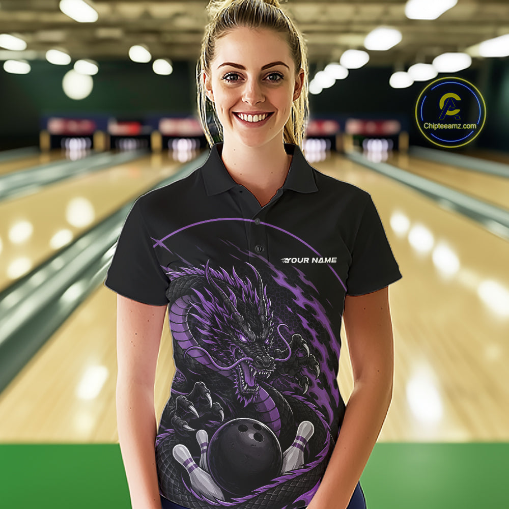 Front view of a female model in a bowling alley wearing a purple custom bowling polo shirt featuring an aggressive dragon with flames in a dynamic and energetic design.