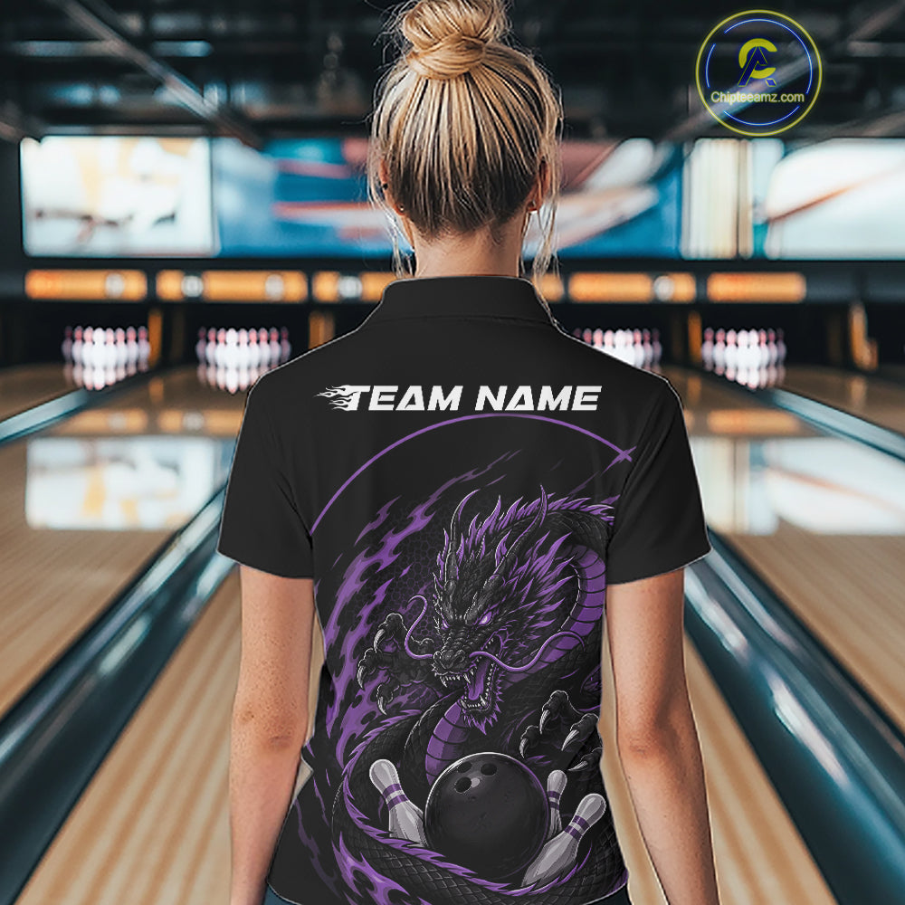 Back view of a female model in a bowling alley wearing a purple custom bowling polo shirt featuring an aggressive dragon with flames in a dynamic and energetic design.