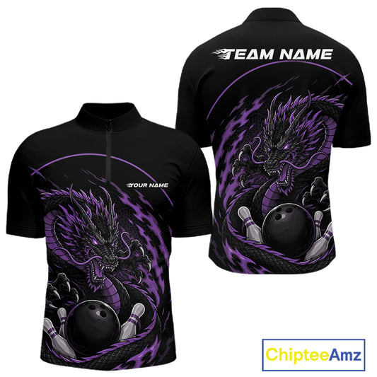 Front and back views of a purple custom quarter-zip bowling shirt featuring an aggressive dragon with flames in a dynamic and energetic design.