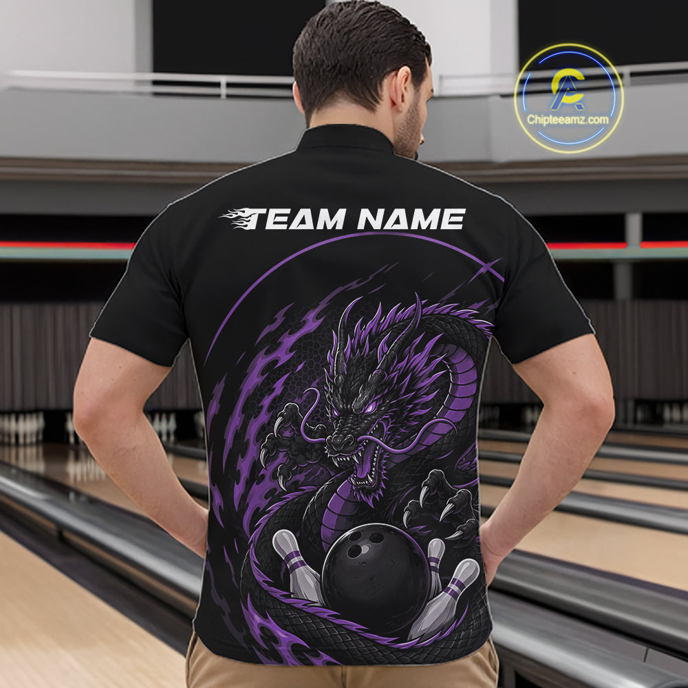 Back view of a male model in a bowling alley wearing a purple custom quarter-zip bowling shirt featuring an aggressive dragon with flames in a dynamic and energetic design.