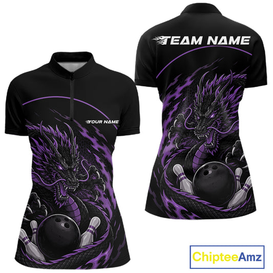 Front and back views of a purple custom women's quarter-zip bowling shirt featuring an aggressive dragon with flames in a dynamic and energetic design.