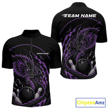 Load image into Gallery viewer, Front and back views of a purple custom quarter-zip bowling shirt featuring an aggressive dragon with flames in a dynamic and energetic design.