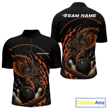 Load image into Gallery viewer, Front and back views of an orange custom quarter-zip bowling shirt featuring an aggressive dragon with flames in a dynamic and energetic design.