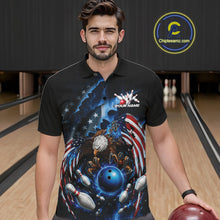Load image into Gallery viewer, Front view of a male model at a bowling lane wearing a bowling polo shirt with bald eagle, blue bowling ball, flying pins, and American flag artwork.