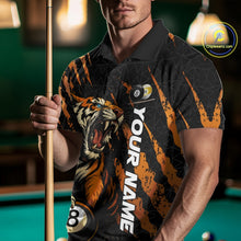 Load image into Gallery viewer, Male model front view wearing a Billiard polo shirt with roaring tiger artwork, orange claw marks, and billiard balls.