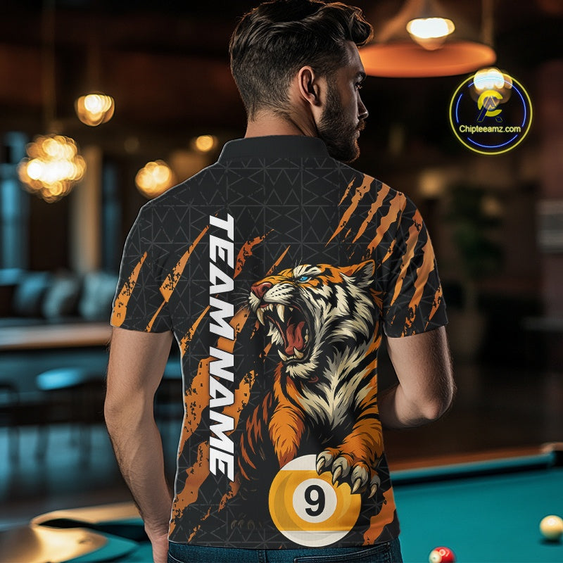 Back view of a male model wearing a polo shirt with a roaring tiger, orange claw marks, and billiard ball graphics.