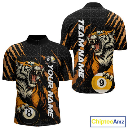 Front and back men’s Billiard quarter zip shirt mockup featuring a roaring tiger emerging through orange claw marks while gripping billiard balls.