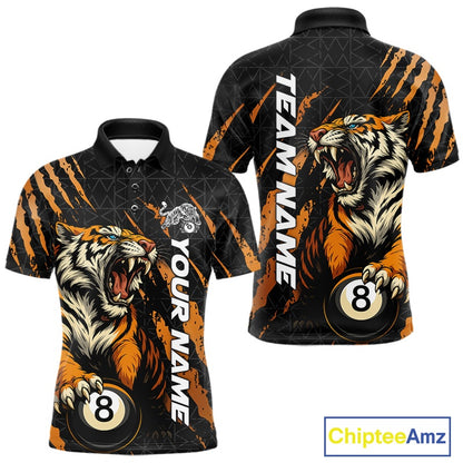 Men’s Billiard polo shirt mockup shown front and back with roaring tiger graphics, orange claw marks, and billiard balls.