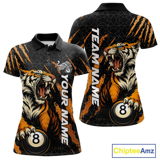 Women’s polo shirt mockup shown front and back with a roaring tiger motif, orange claw marks, and billiard balls.