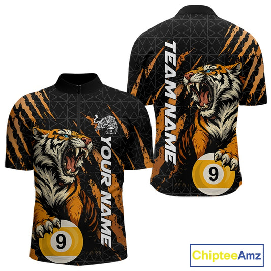 Front and back men’s quarter zip Billiard shirt mockup with a roaring tiger motif, billiard balls, and bold orange claw mark accents.