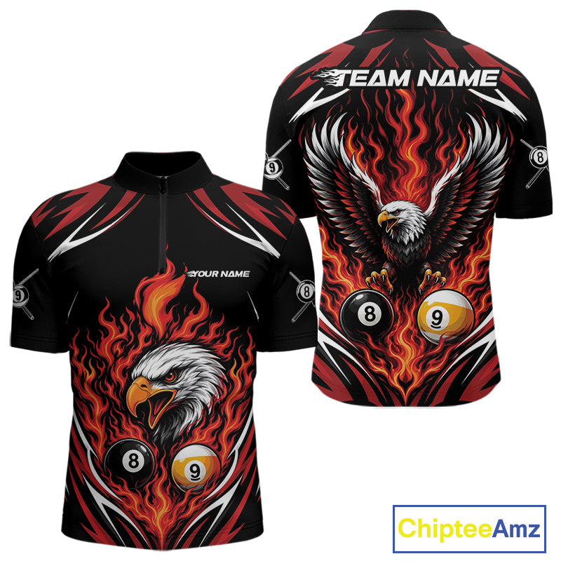Custom Red Flame Eagle 8 Ball And 9 Ball Billiards Jersey Quarter Zip Shirt For Men IPHW11772