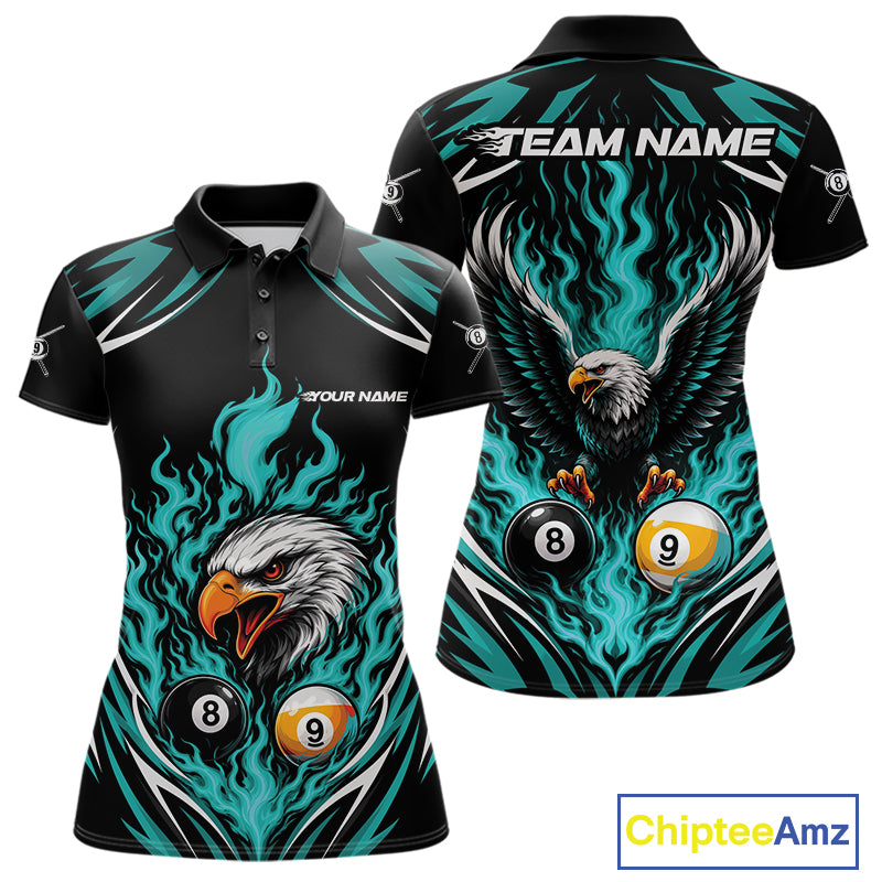 Custom Turquoise Blue Flame Eagle 8 Ball And 9 Ball Billiards Jersey Polo Shirt For Women IPHW11773