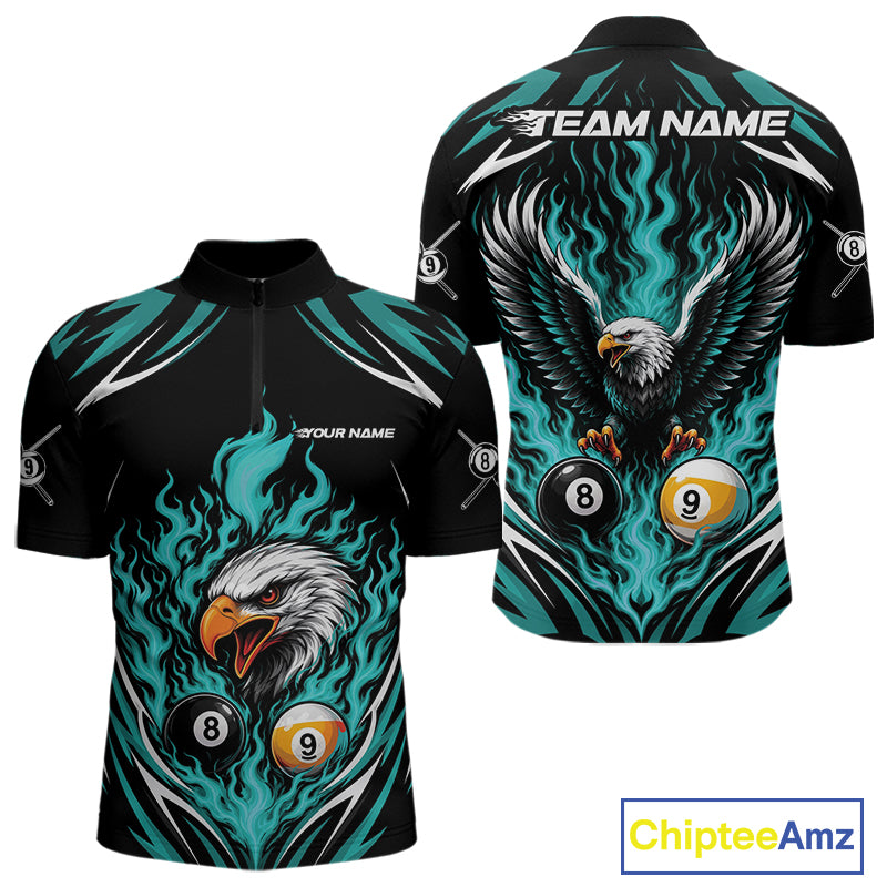 Custom Turquoise Blue Flame Eagle 8 Ball And 9 Ball Billiards Jersey Quarter Zip Shirt For Men IPHW11773
