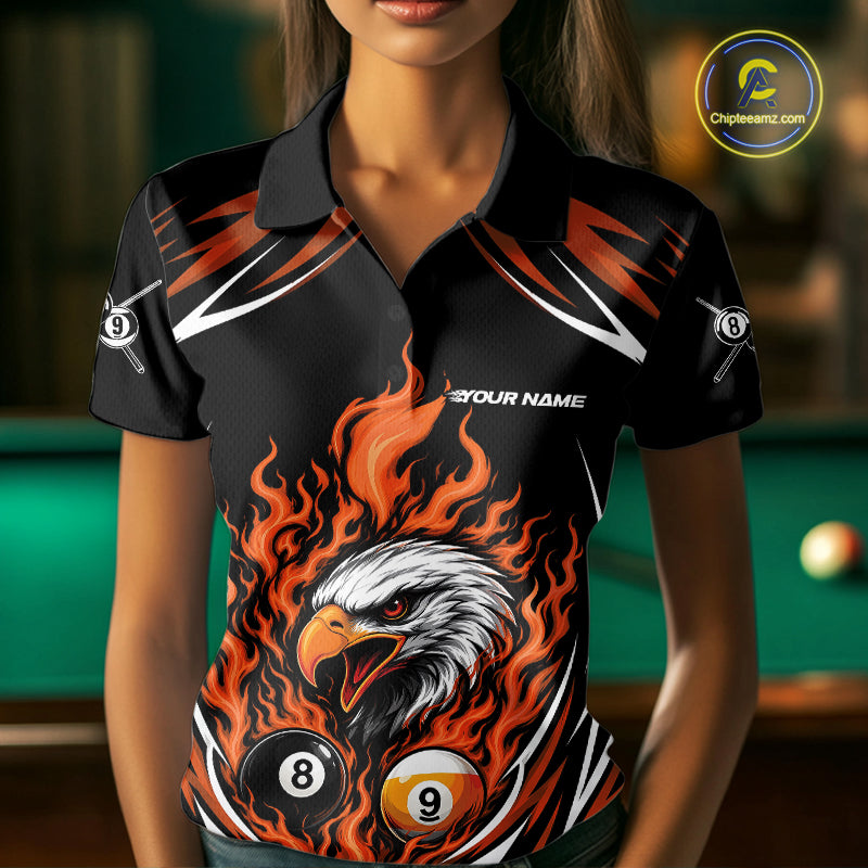 Custom Orange Flame Eagle 8 Ball And 9 Ball Billiards Jersey Polo Shirt For Women IPHW11774