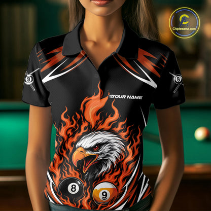 Custom Orange Flame Eagle 8 Ball And 9 Ball Billiards Jersey Polo Shirt For Women IPHW11774
