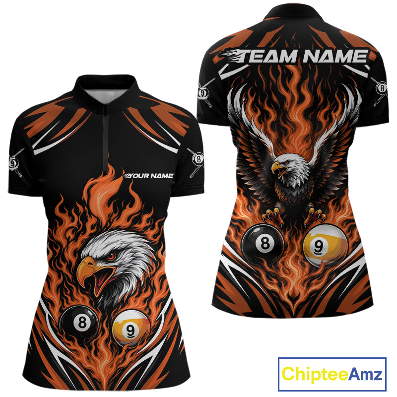 Custom Orange Flame Eagle 8 Ball And 9 Ball Billiards Jersey Quarter-Zip Shirt For Women IPHW11774