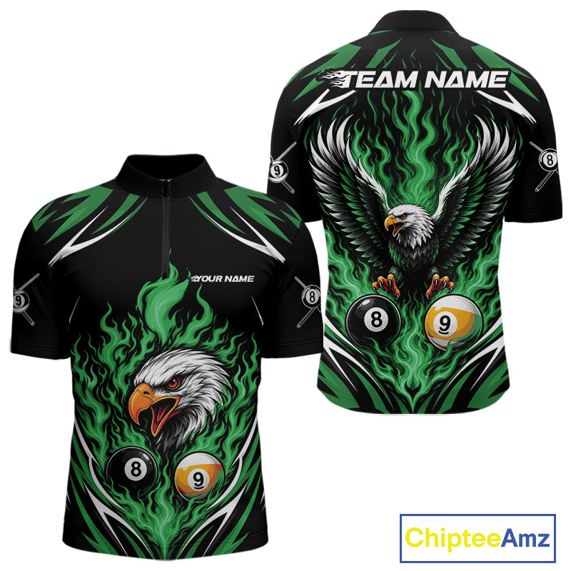 Custom Green Flame Eagle 8 Ball And 9 Ball Billiards Jersey Quarter Zip Shirt For Men IPHW11775