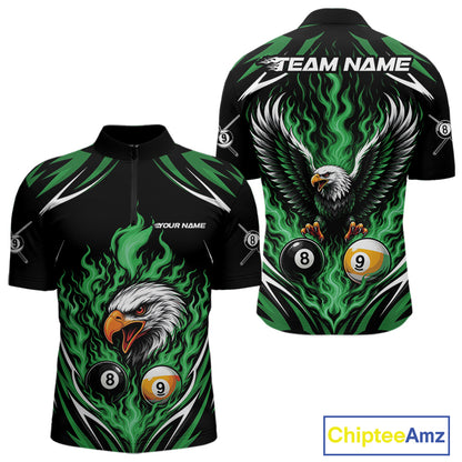 Custom Green Flame Eagle 8 Ball And 9 Ball Billiards Jersey Quarter Zip Shirt For Men IPHW11775
