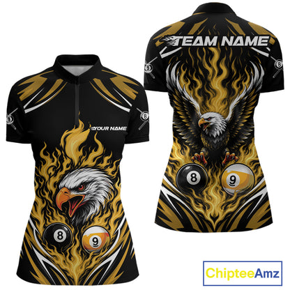 Custom Yellow Flame Eagle 8 Ball And 9 Ball Billiards Jersey Quarter-Zip Shirt For Women IPHW11776
