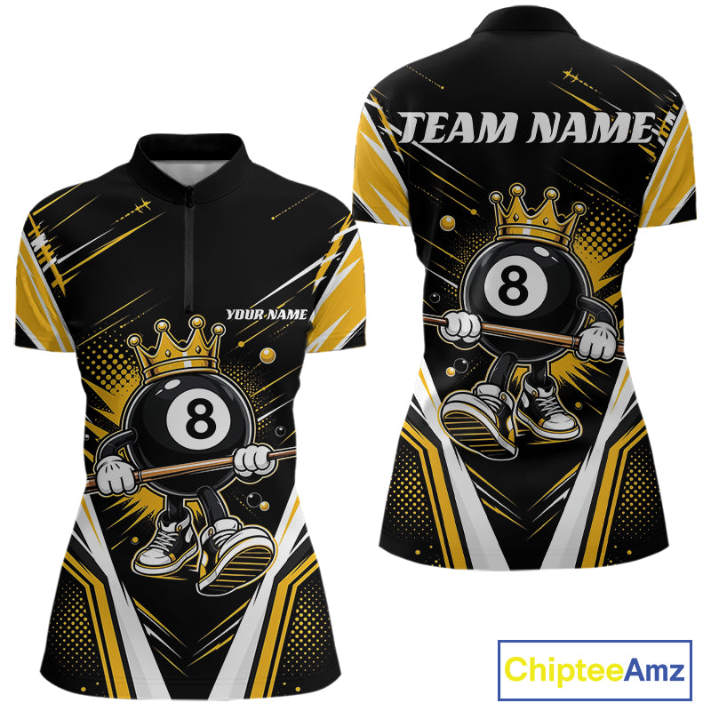 Custom Funny 8 Ball Billiards Queen Women Quarter-Zip Shirt, Yellow Pool Team Jerseys IPHW11789