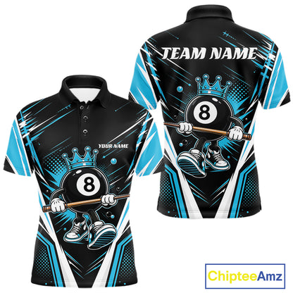 Custom Funny 8 Ball Wearing Crown Billiards King Men Polo Shirt, Blue Pool Team Jerseys IPHW11790