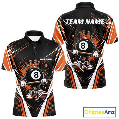 Custom Funny 8 Ball Wearing Crown Billiards King Men Polo Shirt, Orange Pool Team Jerseys IPHW11792