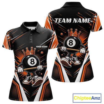 Custom Funny 8 Ball Wearing Crown Billiards Queen Women Polo Shirt, Orange Pool Team Jerseys IPHW11792