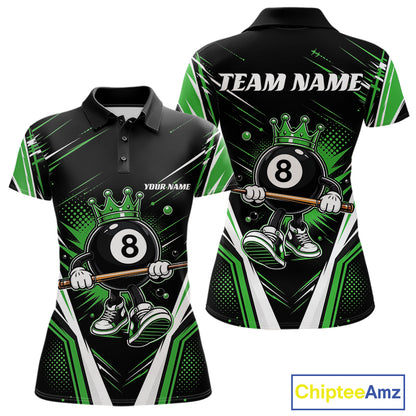 Custom Funny 8 Ball Wearing Crown Billiards Queen Women Polo Shirt, Green Pool Team Jerseys IPHW11793