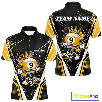 Custom Funny 9 Ball Wearing Crown Billiards King Men Polo Shirt, Yellow Pool Team Jerseys IPHW11794