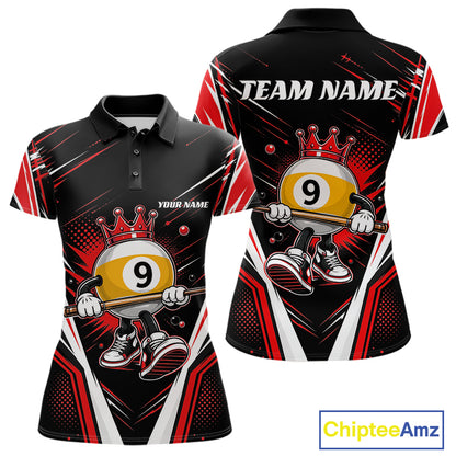 Custom Funny 9 Ball Wearing Crown Billiards Queen Women Polo Shirt, Red Pool Team Jerseys IPHW11796