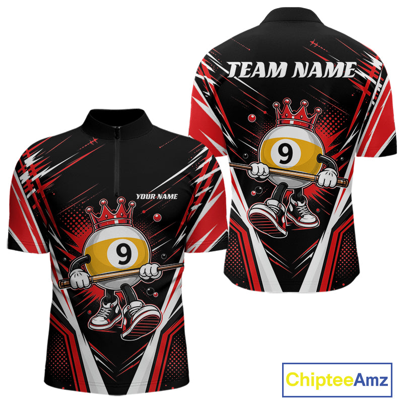 Custom Funny 9 Ball Wearing Crown Billiards King Men Quarter Zip Shirt, Red Pool Team Jerseys IPHW11796