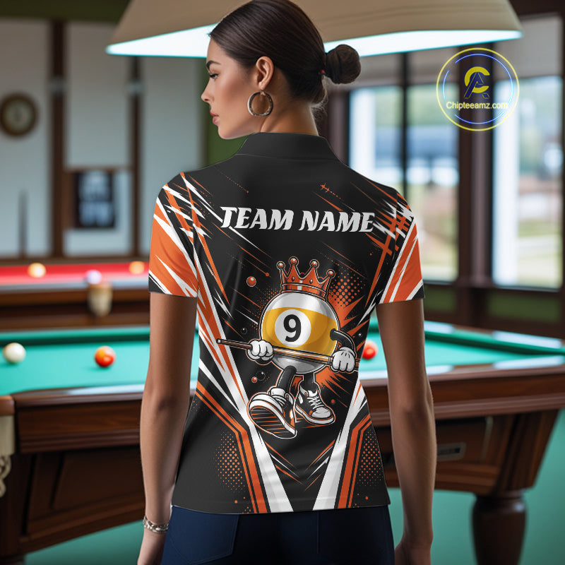 Custom Funny 9 Ball Wearing Crown Billiards Queen Women Polo Shirt, Orange Pool Team Jerseys IPHW11797
