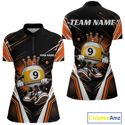 Custom Funny 9 Ball Billiards Queen Women Quarter-Zip Shirt, Orange Pool Team Jerseys IPHW11797
