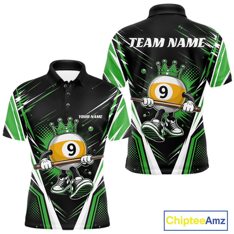Custom Funny 9 Ball Wearing Crown Billiards King Men Polo Shirt, Green Pool Team Jerseys IPHW11798