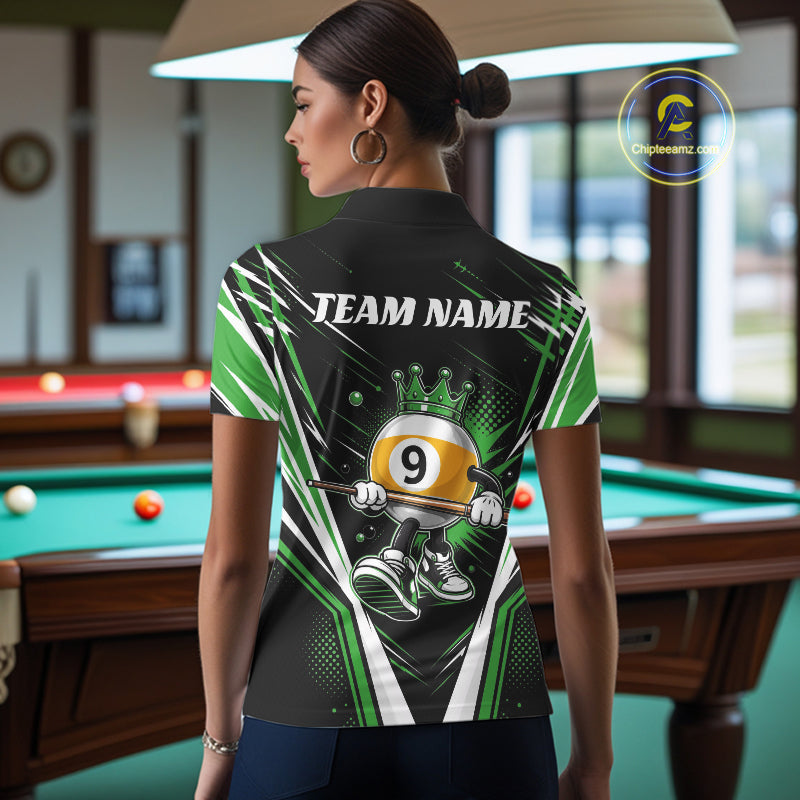 Custom Funny 9 Ball Wearing Crown Billiards Queen Women Polo Shirt, Green Pool Team Jerseys IPHW11798