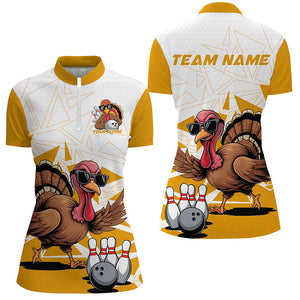 White And Yellow Custom Funny Turkey Ladies Bowling Shirt, Thanksgiving Bowling Team Jersey IPHW7875