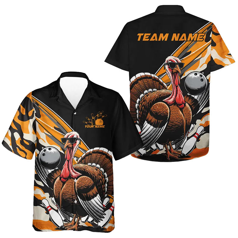 Yellow Camo Custom Funny Turkey Bowling Kid Hawaiian Shirt, Thanksgiving Bowling Tournament IPHW7881