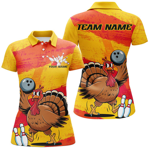 Orange And Yellow Custom Funny Turkey Ladies Bowling Shirts, Thanksgiving Bowling Outfits IPHW7883