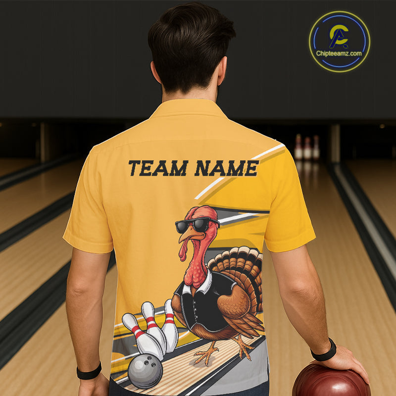 Custom Yellow Funny Turkey Bowling Team Shirts For Men And Women, Thanksgiving Bowler Outfits IPHW7885